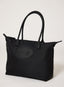 Black tote bag with a visible brand logo on a white background