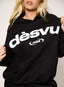 Black oversized hoodie with white embroidered DÈSVU logo at chest-3