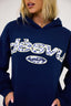 Navy blue hoodie with 'DÈS VU' logo on a white background