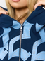 Closeup of navy hoodie with '422' branding on a white background.