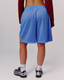 A person shown from the back wearing blue icon mesh athletic shorts, a burgundy long-sleeve top, white socks, and black-and-white sneakers against a white studio background.