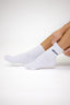 Close-up of a person wearing white crew socks with "desvu" embroidered in black on the side, sitting on the floor with legs slightly bent against a plain white background.