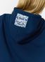 Closeup of navy hood with leopard print '422' branding on a white background.
