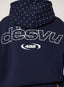 Navy hoodie with white polka dot hood and 'desvu 422' branding on the back.