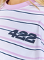 Closeup of purple striped t shirt with '422' branding.