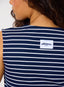 Navy and white striped sleeveless top with a visible brand label on a plain background