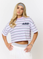 Model wearing lilac striped tee with '422' branding on a white background.