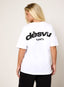 Model wearing oversized white 422 DÈSVU logo t-shirt with black embroidery-2